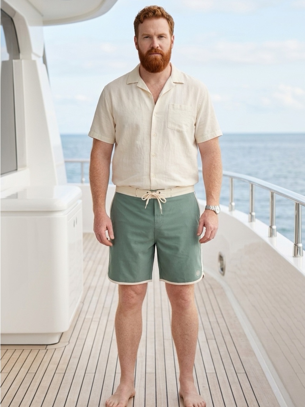 Laguna B Men's Sage Green Swim Trunks with Cream Waist Tie